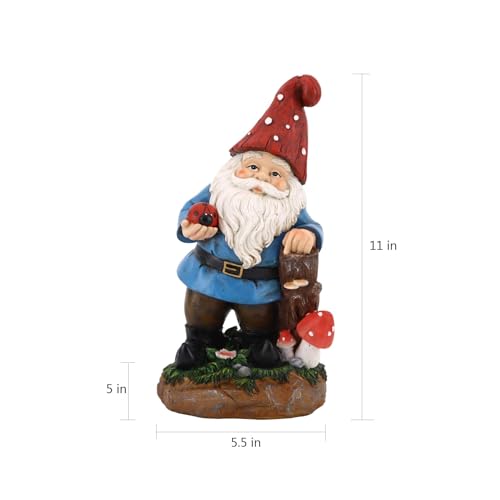 Solar Garden Gnome Statue with Glowing Ladybug & Mushroom