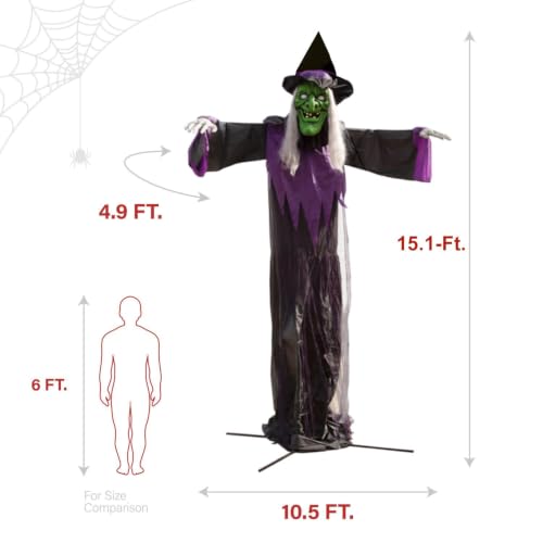 15.1 Ft. Mounted Flying Witch Animatronic with Lights (15ft Animated Towering Witch)