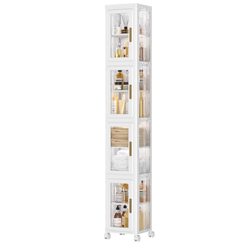 4 Tier Tall Plastic Slim Storage Cabinet with Lockable Wheels