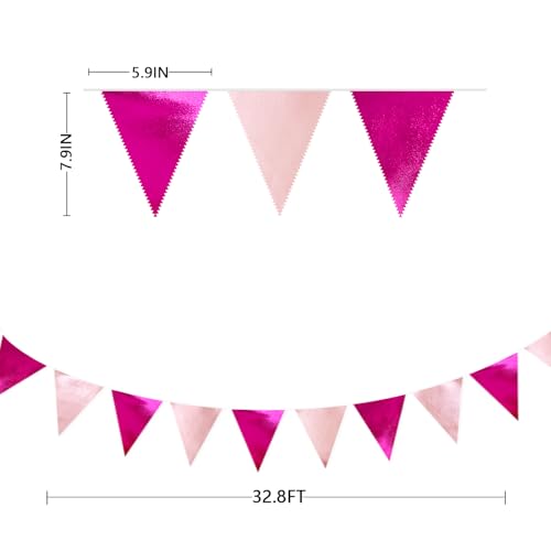 Hot Pink Party Decorations Metallic Fabric Gradient Pink Triangle Pennant Banner Flag Bunting Garland for Women Girl Birthday Retirement Bridal Shower Wedding Baby Shower Bachelorette Party Supplies (36 Count)