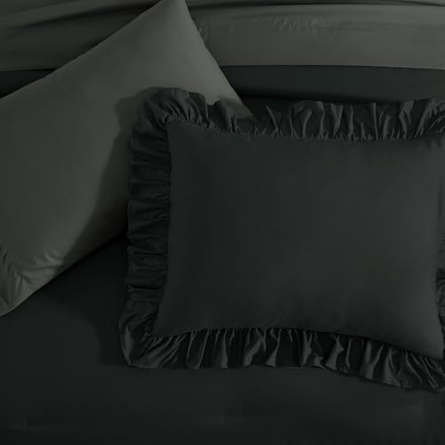Queen Comforter Set Black Ruffle 7 Pieces Farmhouse Bed in a Bag