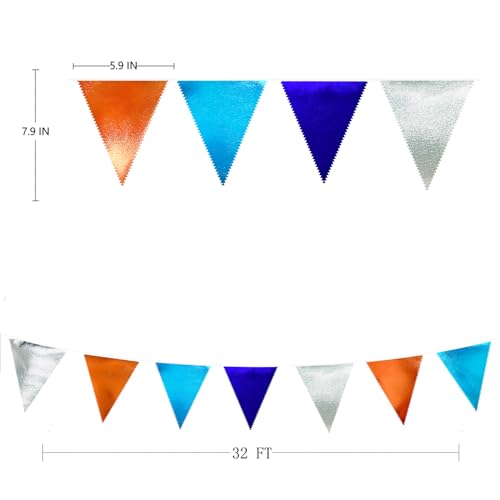 Orange Blue Silver Party Decorations Metallic Fabric Triangle Pennant Banner Flag Bunting Garland for Space Theme Birthday Wedding Bridal Shower Baby Shower Engagement Graduation Party Supplies (36 Count)