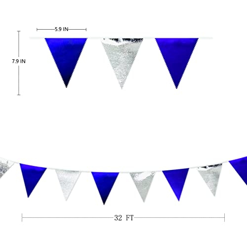 Royal Blue Silver Party Decorations Navy Blue Triangle Pennant Banner Flag Metallic Fabric Bunting Garland for Birthday Graduation Wedding Retirement Nautical Ahoy Achor Pirate Theme Party Supplies (36 Count)
