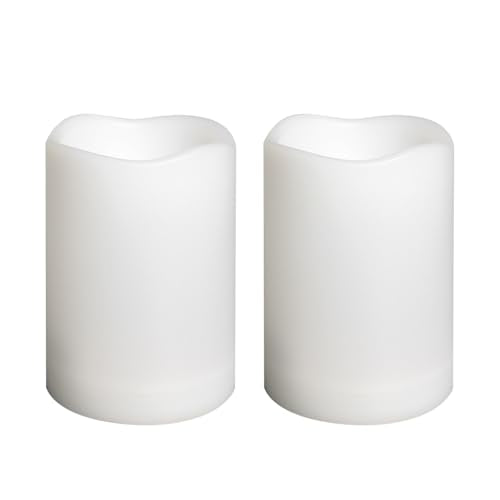 Waterproof Outdoor Battery Operated Flameless Candles with Auto Timer Flickering Plastic Resin Electric LED Pillar Lights for Lantern Patio Garden Wedding Party Decorations 3x4 Inches 2 Pack White (2 Count)