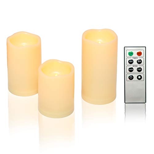Outdoor Battery Operated Flameless LED Pillar Candles Remote Timer 3 PCS