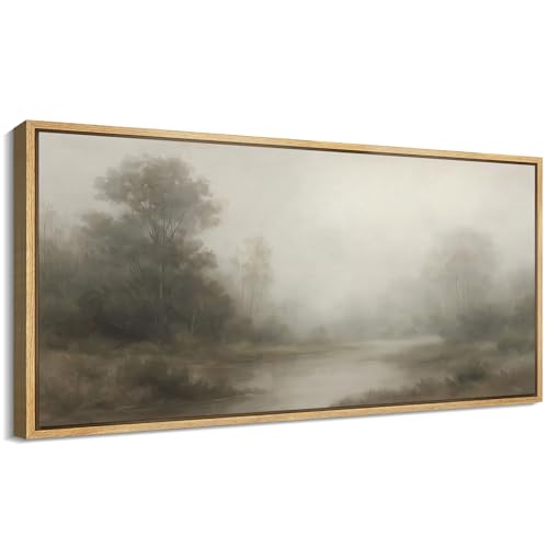 Extra Larg Framed Canvas Print Wall Art Misty Forest River Landscape Neutral Tones Nature Illustrations Decorative Colorful for Bedroom