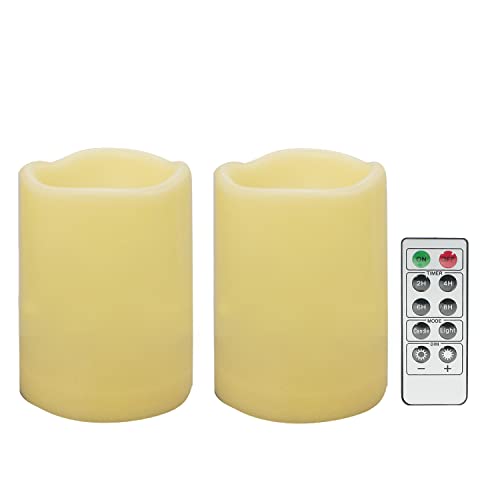 Waterproof Outdoor Battery Operated Flameless Candles with Remote Timer Plastic Flickering Fake Electric LED Pillars for Lantern Garden Wedding Christmas Decorations 3x4 Inches 2 PCS (2 Count)