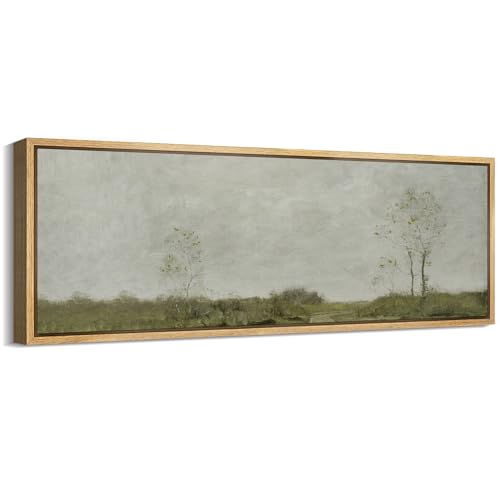 Large Framed Canvas Print Wall Art Soft Pastoral Landscape Wall Art with Trees Antique Retro Fine Art Illustrations Decorative Colorful for Bedroom