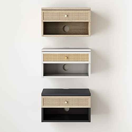 Jackson Wall Mounted Rattan Floating Bedroom Nightstand with Storage Drawer and Modern Open Shelf Cubby