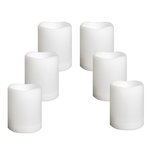 Waterproof Outdoor Battery Operated Flameless Candles with Auto Timer Flickering Plastic Resin Electric LED Pillar Lights for Lantern Patio Garden Wedding Party Decorations 3x4 Inches 6 Pack White (6 Count)