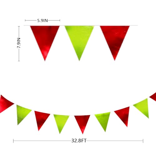 Red and Green Metallic Fabric Triangle Pennant Banner Flag Bunting Garland for Merry Grinchmas Birthday Baby Shower Bachelorette Xmas Holiday Christmas Holiday New Year Party Decorations Supplies (36 Count)