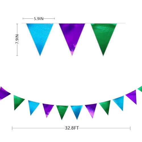 Blue Green Purple Party Decorations Metallic Fabric Triangle Pennant Banner Flag Bunting for Men Boys Video Game Theme Birthday Graduations Retirement Wedding Bachelor Baby Shower Party Supplies (36 Count)