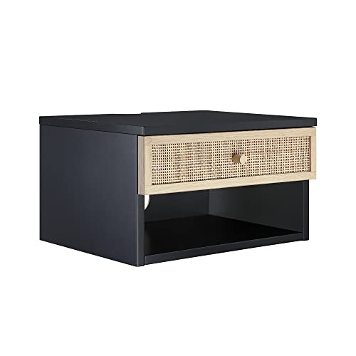Jackson Wall Mounted Rattan Floating Bedroom Nightstand with Storage Drawer and Modern Open Shelf Cubby