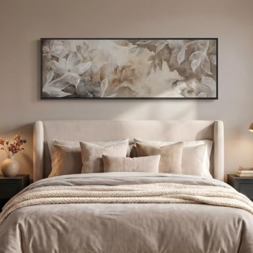 Large Framed Brown Beige Floral Abstract Wall Art for Living Room