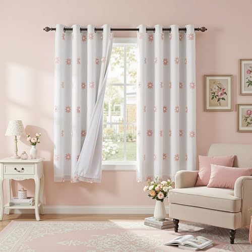 Blackout Curtains for Girls Bedroom 63 Inch Long Pink Floral Curtains for Kids Room 2 Panels 100% Room Darkening Daisy Flower Window Treatment 2 Layered Drapes Toddler Grommet 50W x 63L (2 Count)