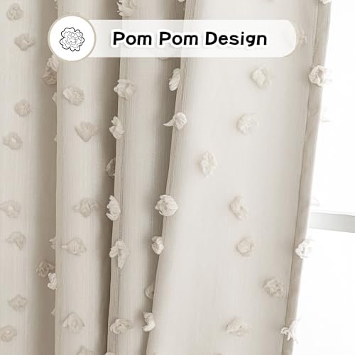 Beige Pom Pom Blackout Curtains for Girls Bedroom 63 Inch Long 100% Room Darkening Curtain for Kids Room 2 Panels Small Window Treatment Grommet 2 Layered Drapes Toddler 50W x 63L (2 Count)