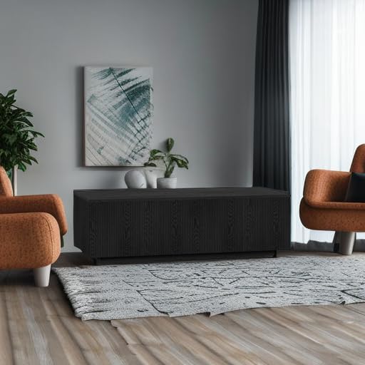 Henn&Hart 48" Fluted Rectangular Low-Profile Coffee Table with Ribbed Sides for Living Room, Family Room, or Office, Black Grain