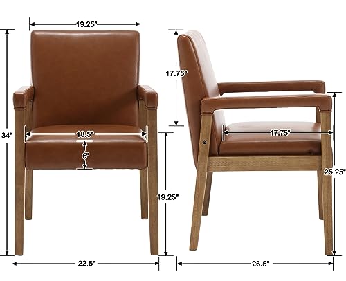 Modern Dining Chairs Set of 2 Faux Leather Kitchen Arm Chairs Upholstered Accent Chairs with Wooden Legs for Dining Room (2 Count)