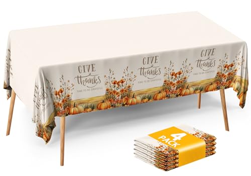 Fall Thanksgiving Tablecloth 4 Packs 54x108 Plastic Disposable Thanksgiving Table Cloth Rectangle Fall Tablecover for Holiday Dinner Party Decorations Outdoor Picnic & Baby Showers (4 Count)
