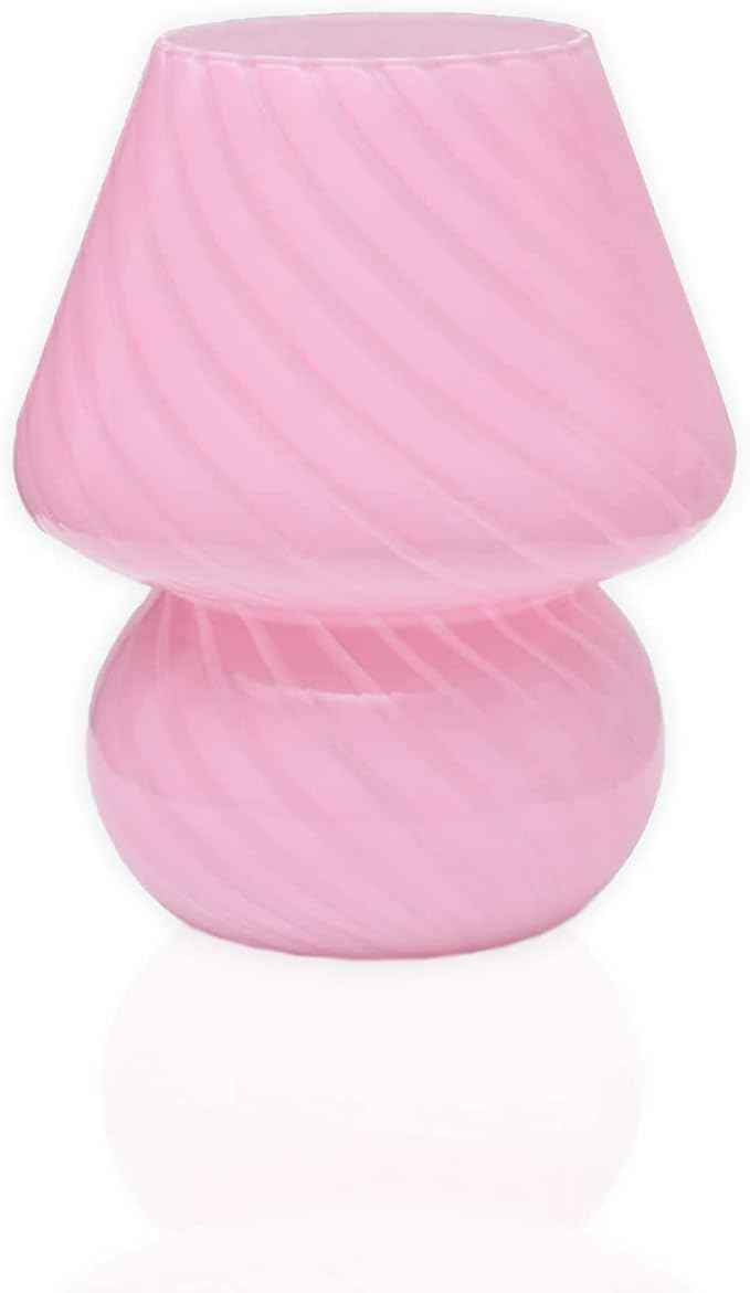 Pink Mushroom Lamp,Glass Mushroom Bedside Table Lamps Translucent Murano Vintage Style Striped Small Nightstand Desklamp Swirl Light for Home Decor, Dining, Living, Bedroom, Gift (Stripe Pink)