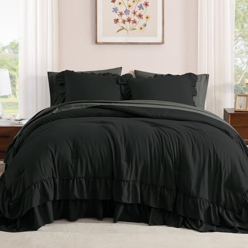 Full Size Comforter Set Black Ruffle 7 Pieces Farmhouse Bed in a Bag