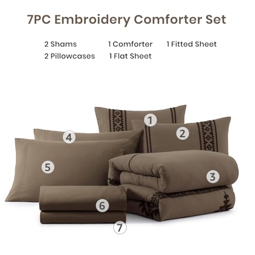 Embroidery King Size Comforter Set 7 Pieces Taupe Grey Bed in a Bag