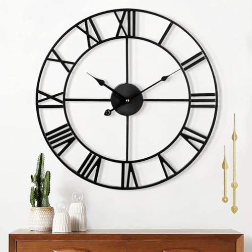 Silent Non Ticking Decorative Large 24 Inch Metal Vintage Retro Roman Numerals Wall Clock