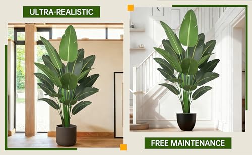 Artificial Bird of Paradise Tree 7FT 19 Thick Matte Texture Leaves Tall Large Fake Faux Tropical Traveler's Palm Banana Leaf Plant 84 Inch Black Pot for Indoor Home Office Poolside Decor