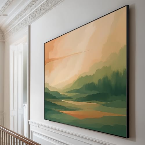 46"x60" Extra Large Framed Wall Art Serene Green Mountains Horizon Landscape Illustration for Home Living Room Bedroom Decor