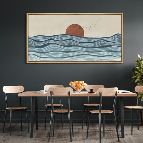 Extra Large Framed Canvas Print Wall Art Calm Seascape Ocean Waves and Setting Sun Illustrations Antique Retro Fine Art Illustrations Decorative Colorful for Bedroom