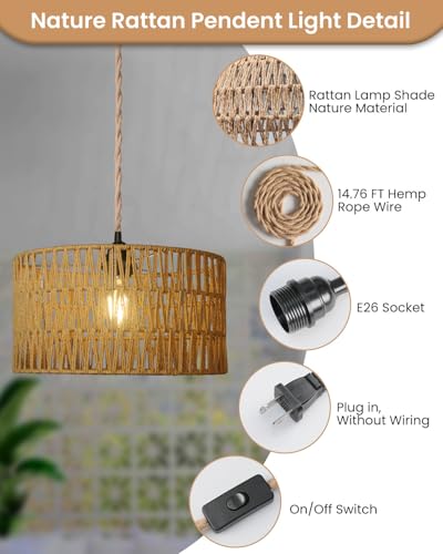 12.6 Inch Boho Hanging Light with Plug in Cord Rattan Hanging Lamp Hand Woven Rattan Wall Lightfor Bedroom