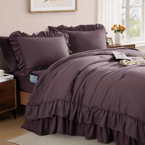 King Size Comforter Set Dark Purple Ruffle 7 Pieces Farmhouse Bed in a Bag