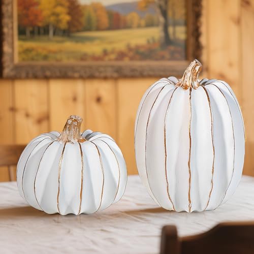 2Pcs Halloween Pumpkin Artificial Resin Pumpkins Decor for Mantel Harvest Autumn Tabletop Decoration Gold Fall Pumpkin Decorations Thanksgiving Table Centerpieces (2 Count)