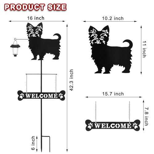 Solar Yorkie Silhouette Dog Breed Welcome Sign with a Lantern