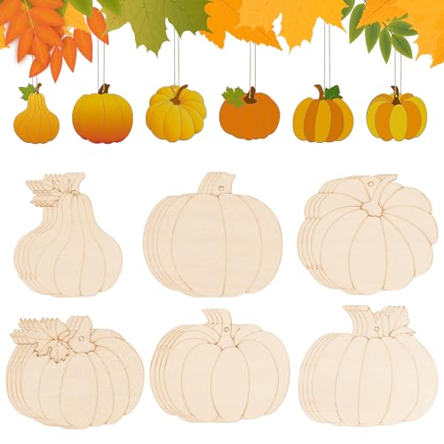 24 PCS Unfinished Wooden Fall Crafts Pumpkin Shaped Hanging Ornaments (24 Count)