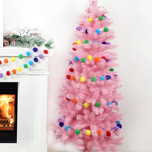 2pk Rainbow Color Pom Pom Garland 13FT Colorful Large Felt Ball Garland for Mantle (26 Foot)