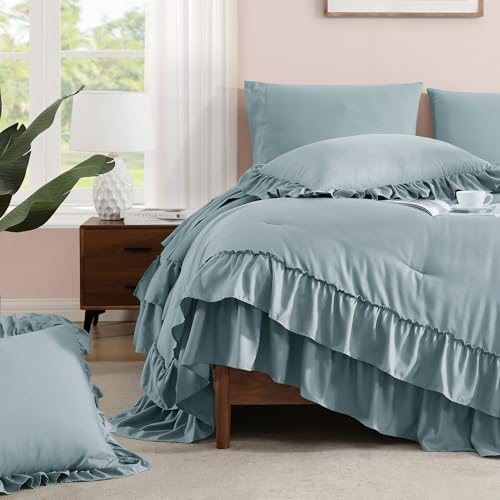 King Size Comforter Set Dusty Blue Ruffle 7 Pieces Farmhouse Bed in a Bag