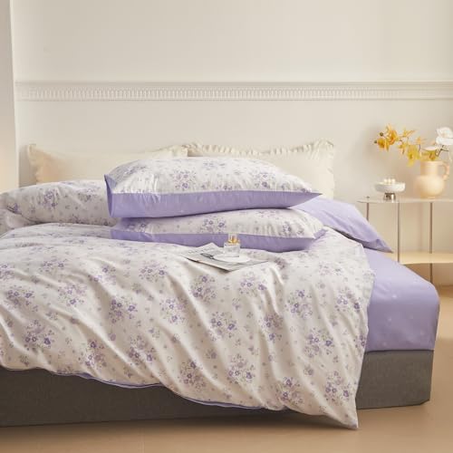 Vintage Floral Comforter Set Queen Purple Flower Bedding Comforter for Queen Bed Boho Garden Floral Botanical Comforter with 2 Pillowcases Farmhouse Bedding Girls Floral Comfy Comforter Set