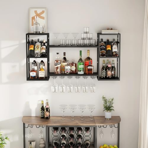 Black Bar Shelf with Integrated Glass Rack for Liquor Display