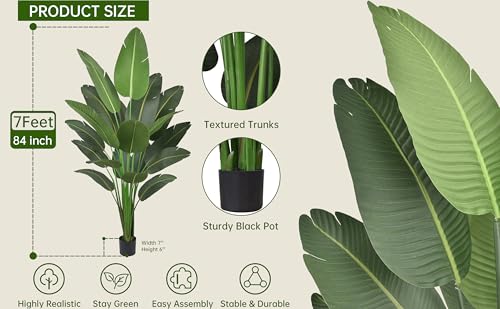 Artificial Bird of Paradise Tree 7FT 19 Thick Matte Texture Leaves Tall Large Fake Faux Tropical Traveler's Palm Banana Leaf Plant 84 Inch Black Pot for Indoor Home Office Poolside Decor