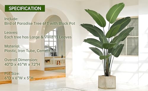 Artificial Bird of Paradise Tree 6FT 13 Thick Matte Texture Leaves Tall Large Fake Faux Tropical Traveler's Palm Banana Leaf Plant 72 Inch Black Pot for Indoor Home Office Poolside Decor
