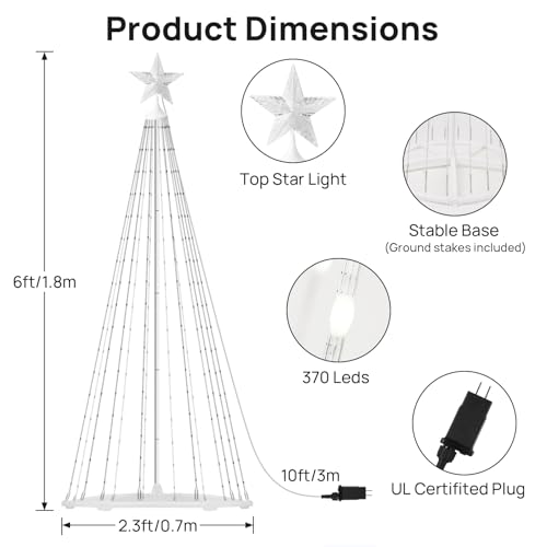 6ft Outdoor Christmas Cone Tree Lights with 370 Smart LED Lights & Star Topper Remote & APP Control Color Changing Timer & Music Sync Weatherproof Artificial Xmas Decoration for Yard