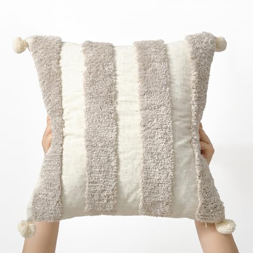 Boho Throw Pillow Covers 18x18 Tufted Home Decor Natural Beige