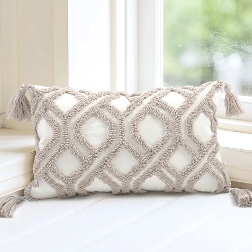 Lumbar Pillow Covers 12x20 Boho Tufted for Couch Taupe