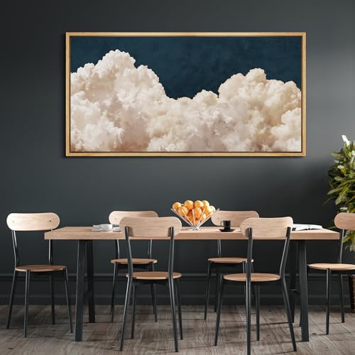 Extra Large Framed Canvas Print Wall Art Cumulus Clouds Panoramic Dramatic Skyline Illustrations Antique Retro Fine Art Illustrations Decorative Colorful for Bedroom