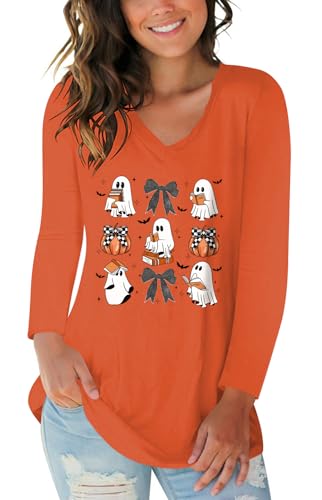 Fall Pumpkin Shirts Womens Casual Autumn Fashion T Shirt for Women Long Sleeve Reading Ghosts Graphic Tees V Neck Halloween Tops Orange XXL