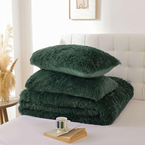 Fluffy King Size Comforter Set Dark Green Faux Fur Comforter 3 Pcs
