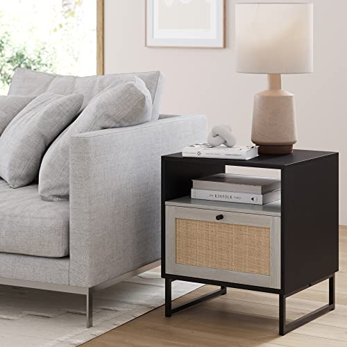 Mina Rattan Wood End Side Accent Table Nightstand with Storage for Living Room or Bedroom