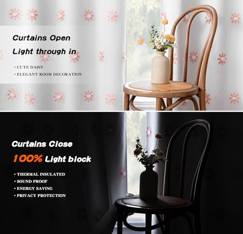 Pink Floral Blackout Curtains for Living Room 90 Inches Long Total Light Blocking Curtain for Girls Bedroom 2 Panels Grommet 100% Room Darkening Window Drapes with Flower Sheer 50W x 90L (2 Count)