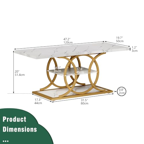 Rustic Coffee Table with Storage Modern 3 Tier Center Living Room Table Faux Marble Wooden Rectangle Cocktail Tea Table for Office Bedroom Elegant Full Moon Design